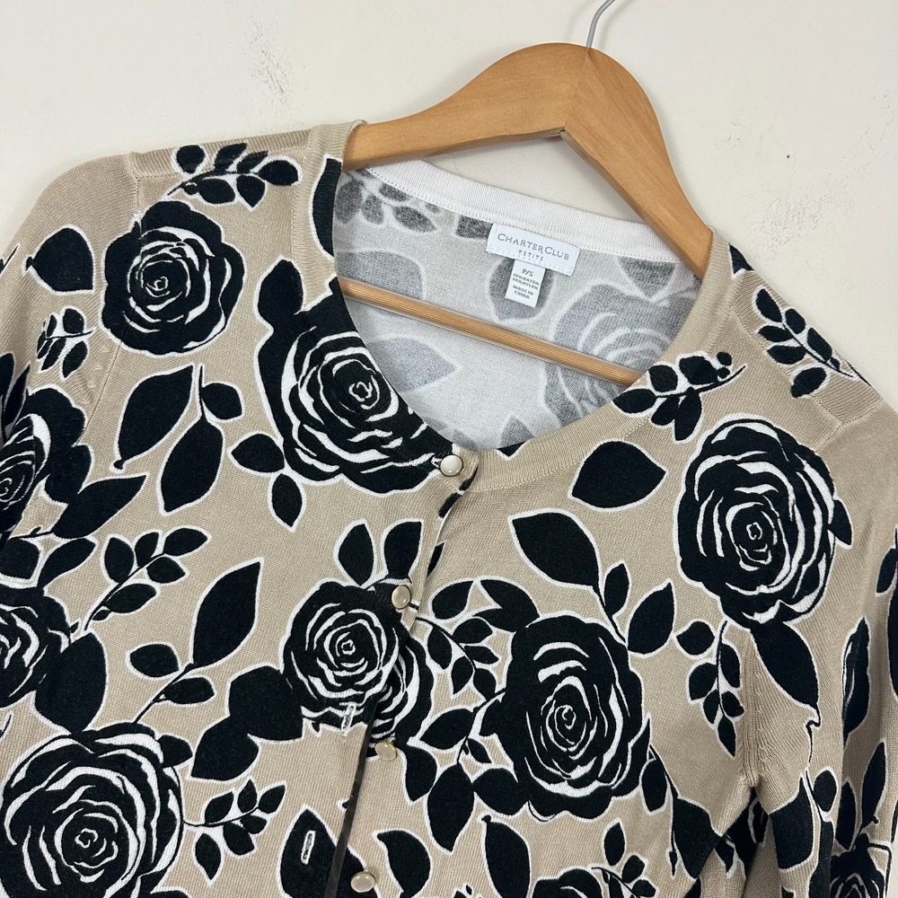 Charter Club Cardigan Sweater Beige Black Floral Knit Flower Artsy Womens PS